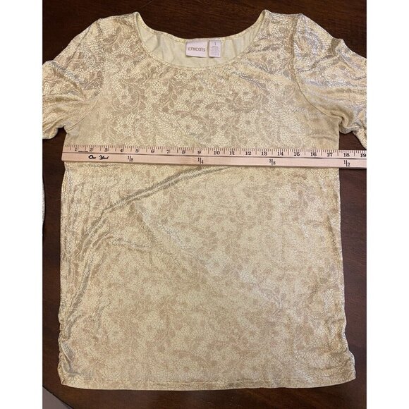Chico's Floral Knit Top Yellow with Gold Metallic 3/4 Sleeve Ruched Sides Sz 1 - Picture 6 of 9